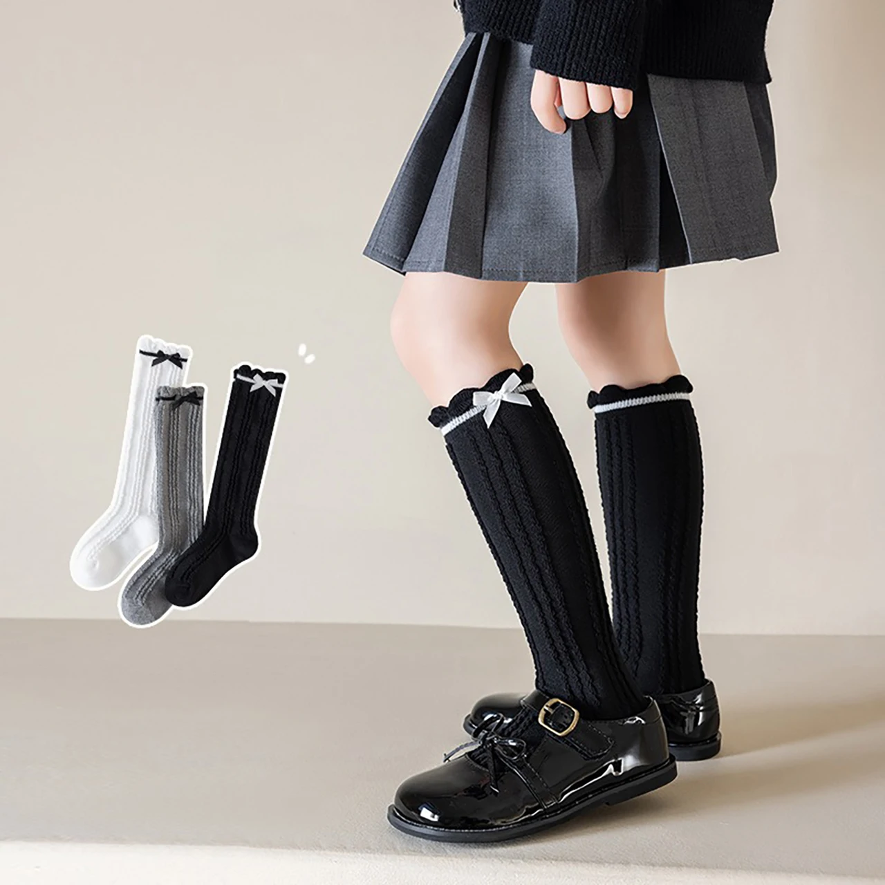 Striped Bow Long Stockings Sweet Bowknot Knee-high Socks Black White Grey Kids Calf Sock Spring Summer Princess Girl Cotton Sock