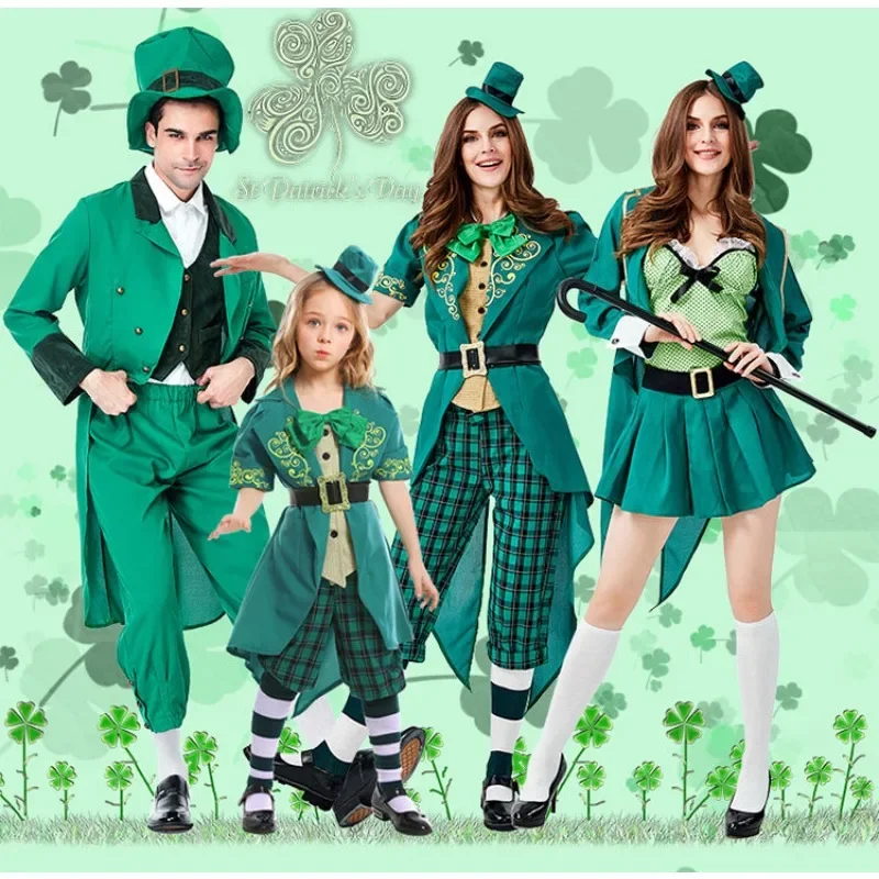 Halloween Irish Leprechaun Family Cosplay Green Set St. Patrick Carnival Party Performance Costume with Hat Adult Kids Costumes