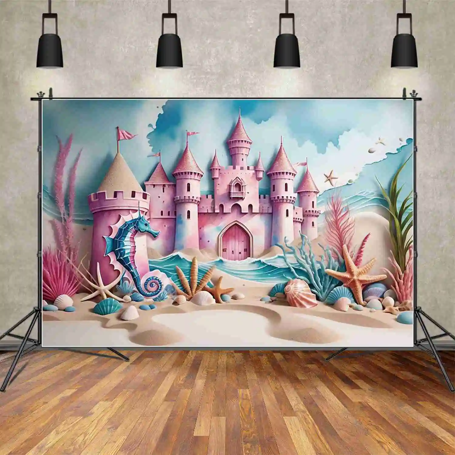 حورية البحر الفتيات حفلة عيد ميلاد خلفية التصوير الفوتوغرافي الصيف شاطئ الرمال القلعة الأميرة خلفية الأطفال اطلاق النار الدعائم