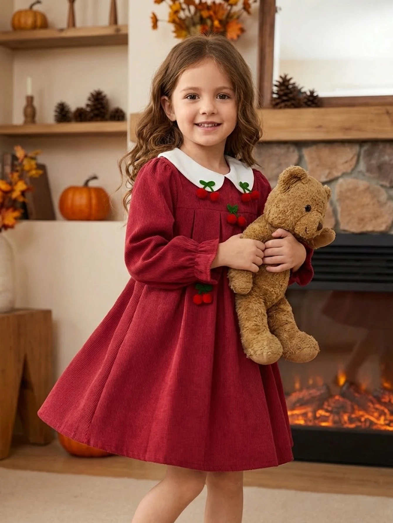 Girls' solid color dress with contrasting Peter Pan collar and cherry decoration sweet and loose A-line skirt for daily parties