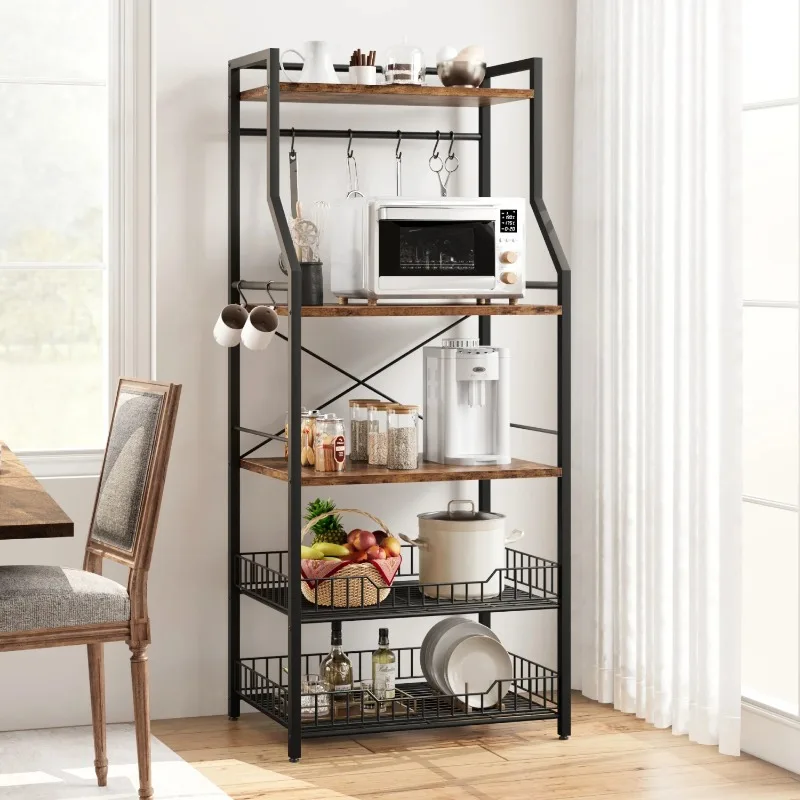 Kitchen Bakers Rack Microwave Oven Stand with 2 Large Wire Basket Industrial Coffee Bar Station