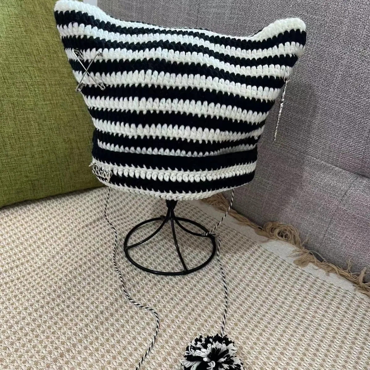 Handmade Knit Beanie Hat with Cat Ears and Devil Horns, Striped, Punk Style, Warm Winter Skull Cap for Women and Teens