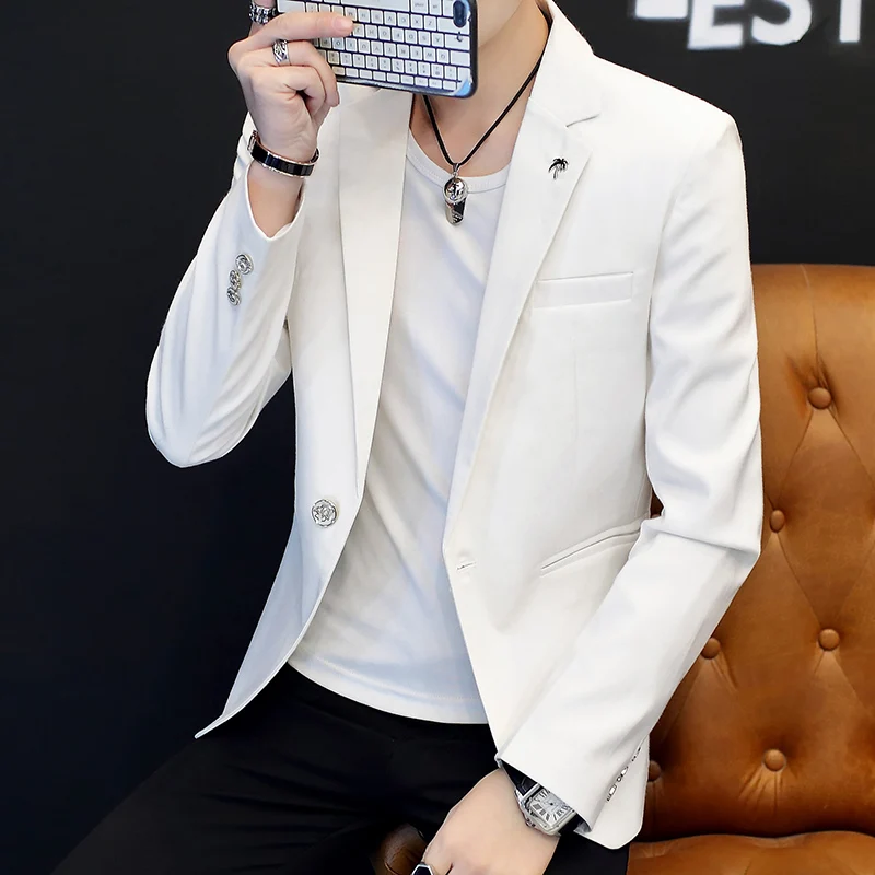 

New Autumn Men's Pure Color Small Suit Casual Faion Busin Sle Stand Fit Long Sve One Button Single Breasted Suit