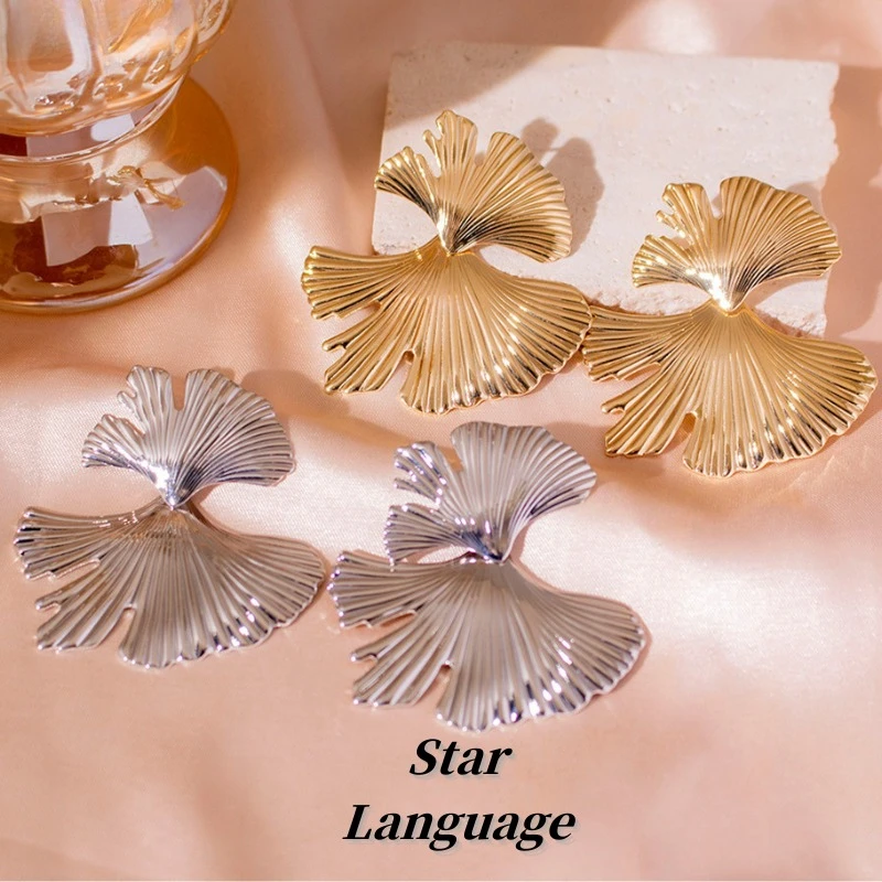 Star Language Exaggerated Stainless Steel Gold Plated Ginkgo Biloba Leaf Stud Earrings for Women Non-fading Jewelry Party Gifts