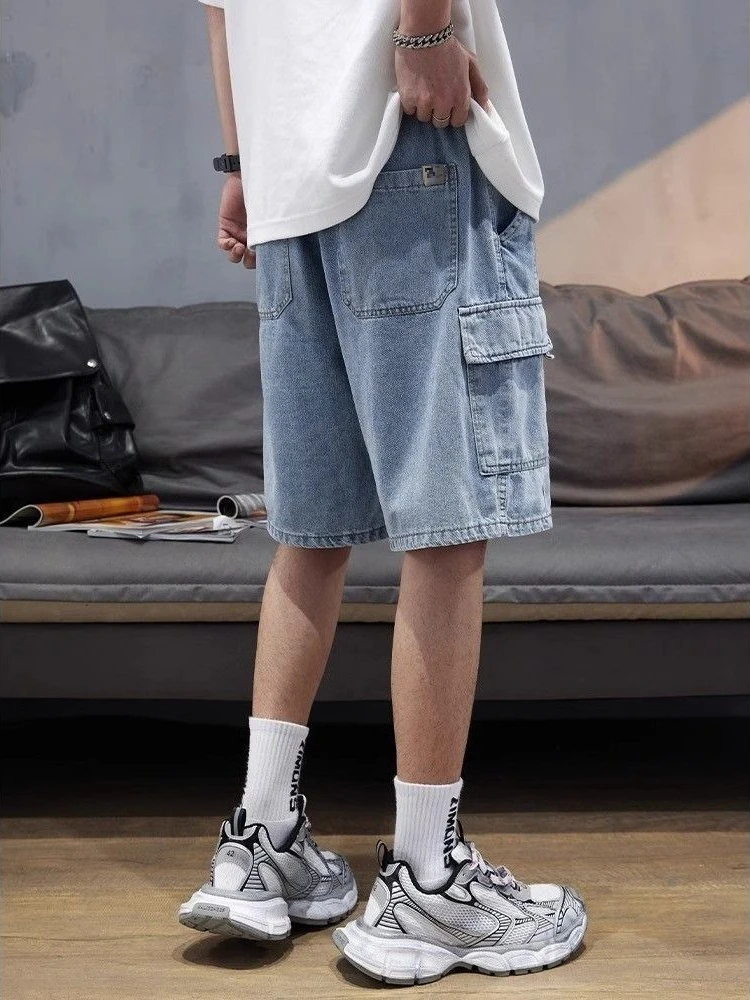 

Men's Summer Thin Denim Shorts Loose Casual Cargo Mid Length Elastic Waist Student Wear