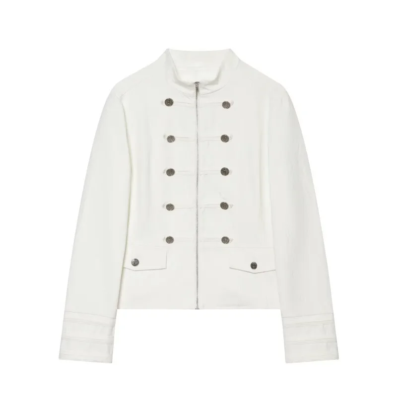 White Minimalist Stand Collar Multi Button Cropped Blazer Zip Front Stripe Cuffs Long Sleeve Casual Women Suit Jacket 260702