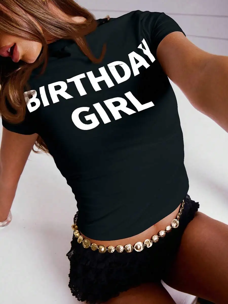 Birthday Girl Graphic Tee Women Fitted Slogan Top Casual Party Vacation Summer