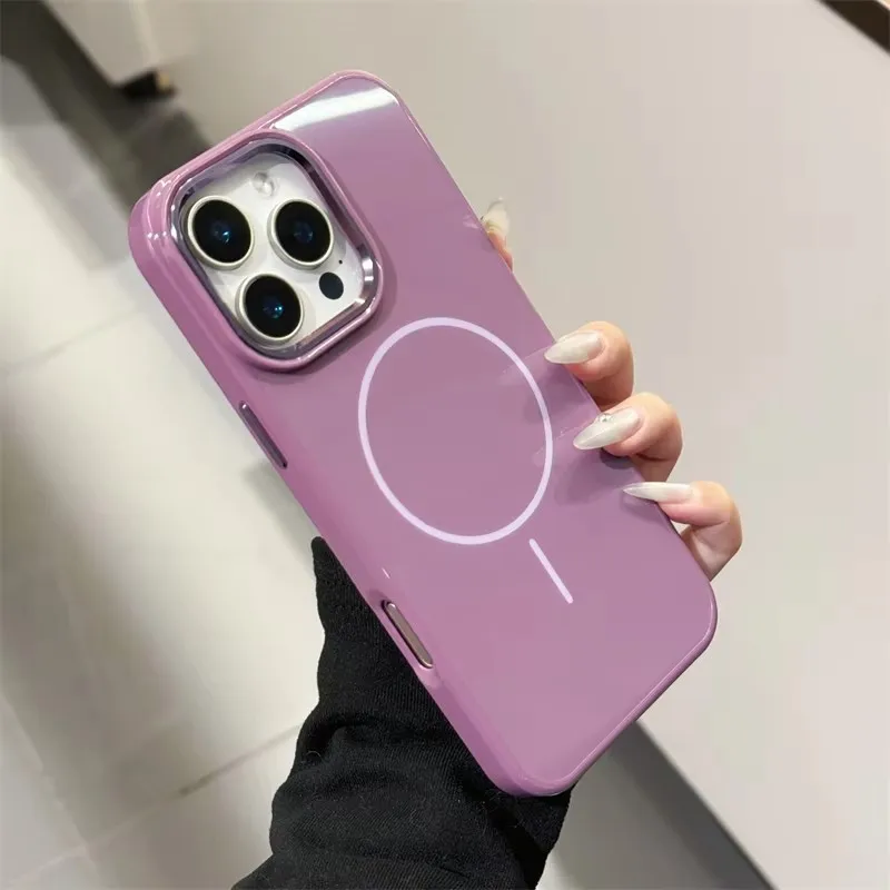 Simple Solid Color Magnetic Magsafe Phone Case For iPhone 13 14 15 16 Pro Max Plus Wireless Charging Metal Lens Shockproof Cover