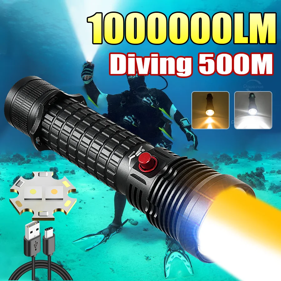 

2025 1000000LM High Power Diving Flashlight IPX8 Professional Dive Light Powerful Dive 500M Torch Built-in Battery With Hand Ro