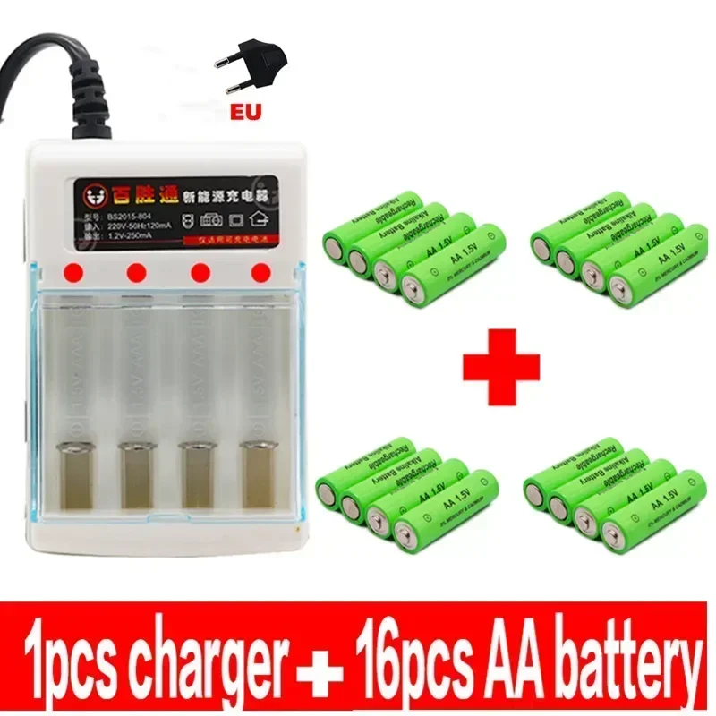 100% New AA battery 4000mAh rechargeable battery AA 1.5V Rechargeable New Alcalinas drummey +1pcs 4-cell battery charger