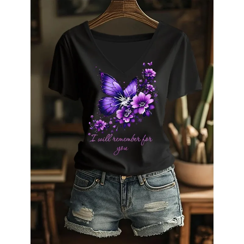 Women's Fight ALZ Print T-Shirts Summer V Neck T Shirt Short Sleeve Tops Casual Loose Tees