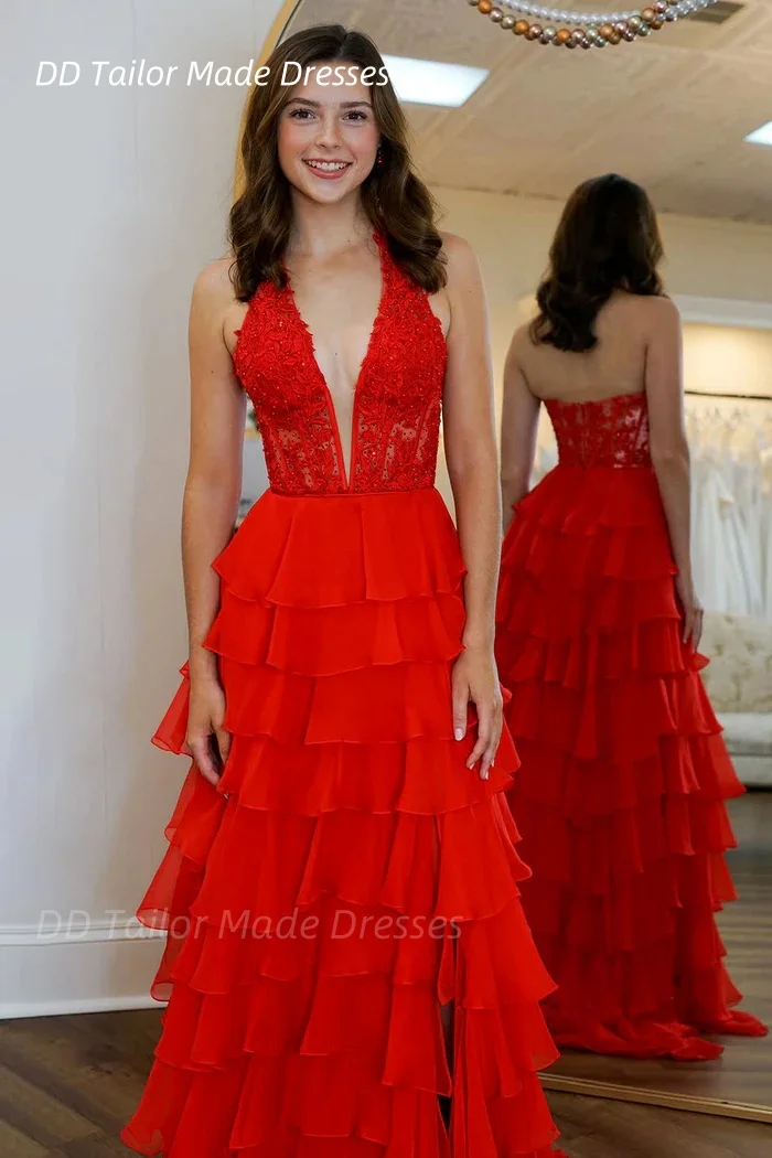 فستان حفلة موسيقية طويل من الشيفون مع شق مخصص باللون الأحمر على شكل حرف a ثوب مسائي بدون ظهر مثير لحفلات أعياد الميلاد