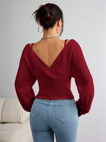 Imagen 2 del producto Nueva camiseta informal con capucha de manga larga de punto de Color sólido para mujer, Top cómodo y transpirable a la moda