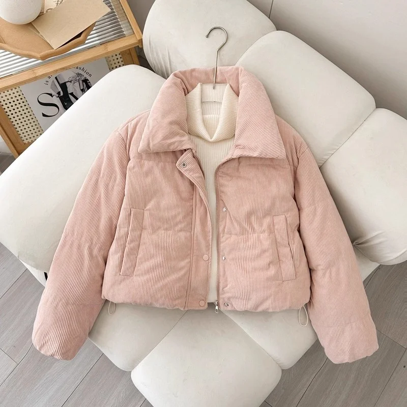 

Korean Winter Cotton Jacket Standing Collar Flip Collar Women's Thick And Loose Short Outerwear Warm Padded Coat w1679