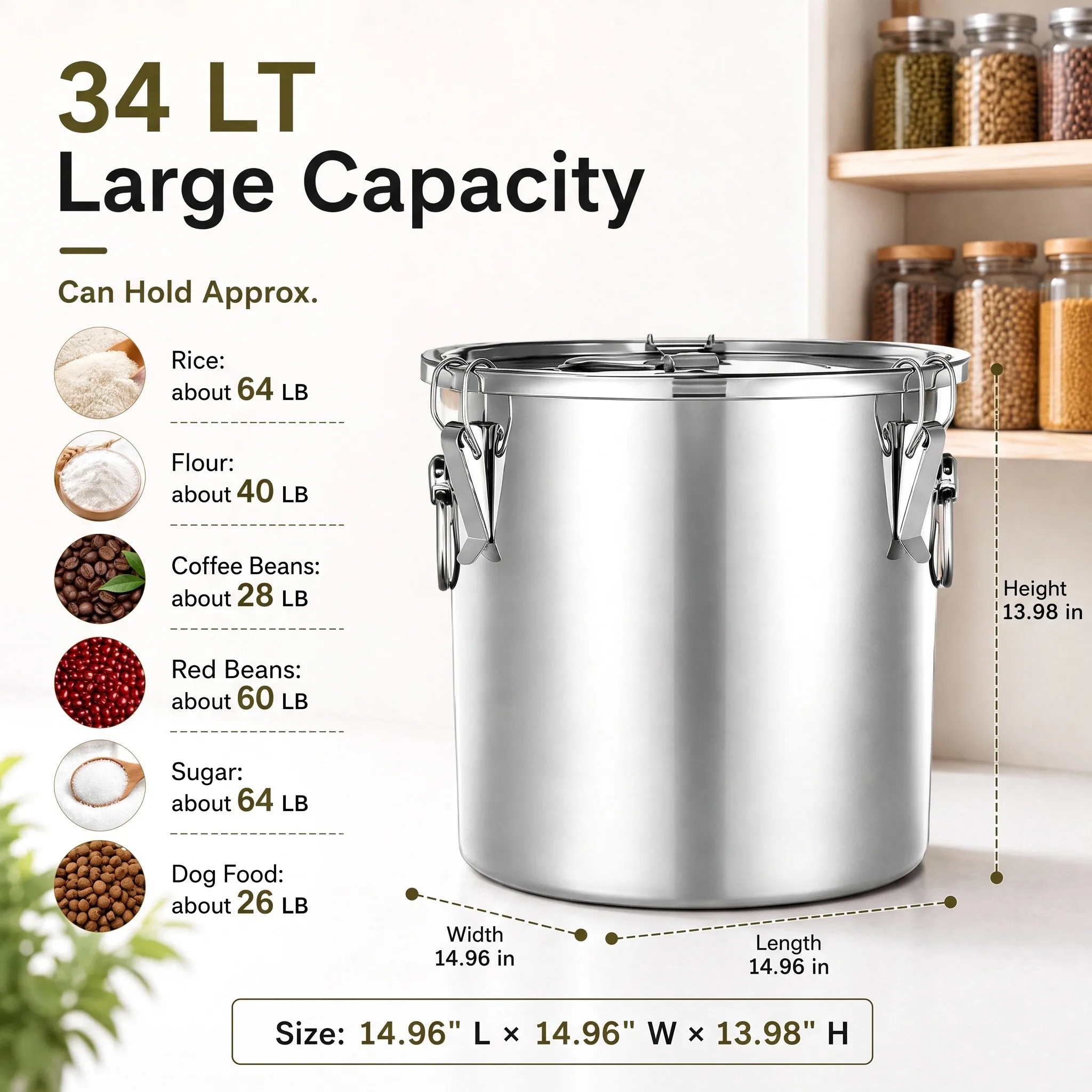 34LT Stainless Steel Food Storage Container with Airtight Lid & Ceramic Bone Handle, Large Metal Dog Food Bin for Rice, Cereals, Dogs & Cats, Keep Fresh, Easy to Clean