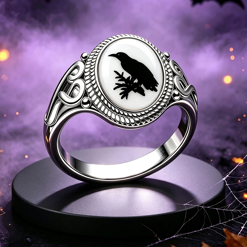 Raven Crow Stained Glass Ring Gothic Black Lace Oval Glass Photo Bohemia Ring Handmade Unisex Jewelry Gift