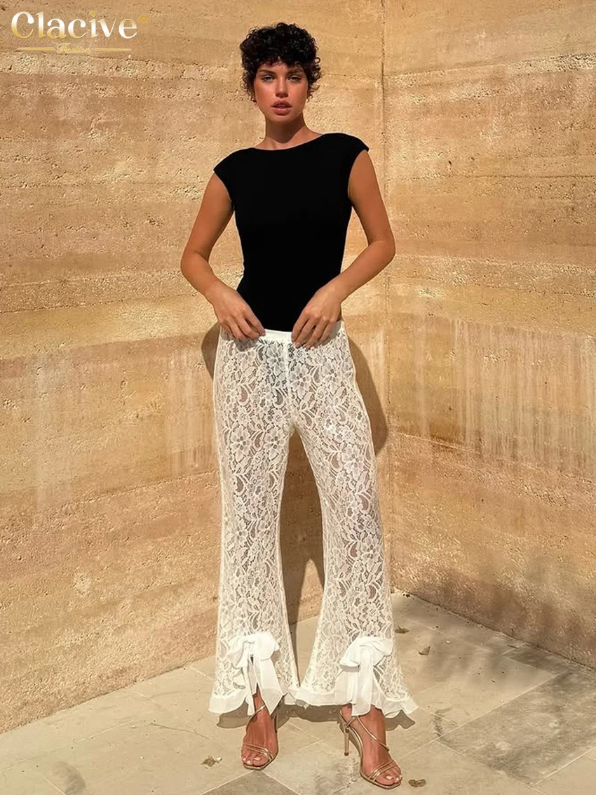 Clacive موضة فضفاضة الدانتيل الأبيض النساء السراويل 2025 عادية عالية الخصر الكاحل طول السراويل السراويل ملابس نسائية كلاسيكية أنيقة #4