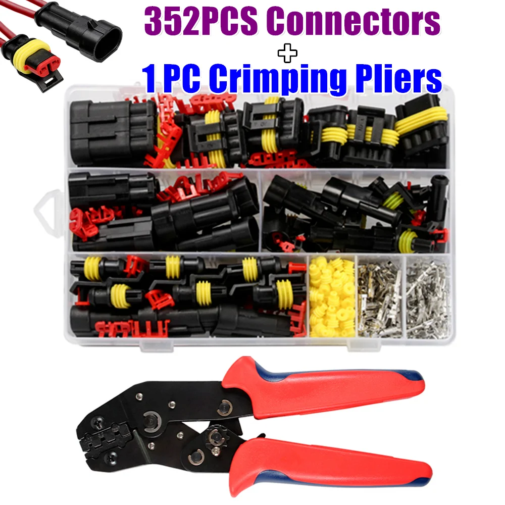 352 Pcs 12V Electrical Terminal Wire Connectors Plug Kits 1/2/3/4 Pin Waterproof Automotive Accessories SNA-48B Crimping Plier