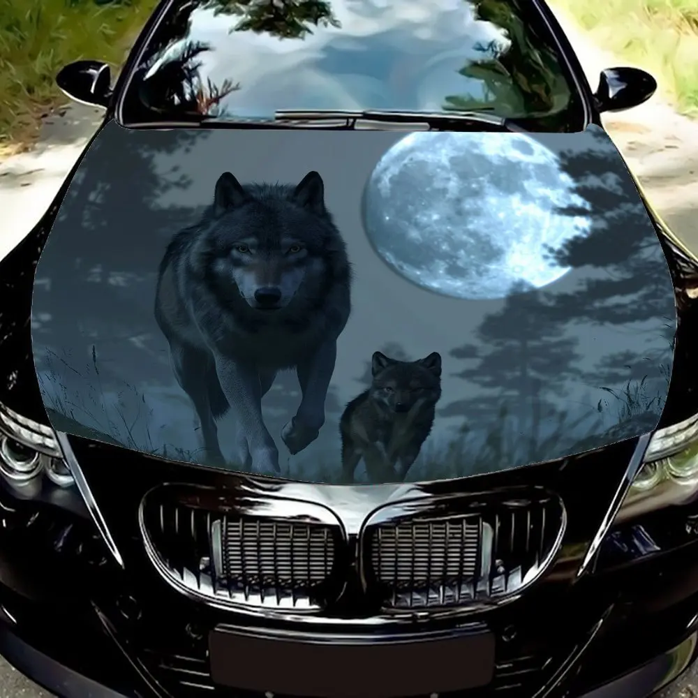 

Большой волк и маленький волк под луной, обертка на капот автомобиля, цветная виниловая наклейка, графический капот грузовика, автоаксессуары, декор