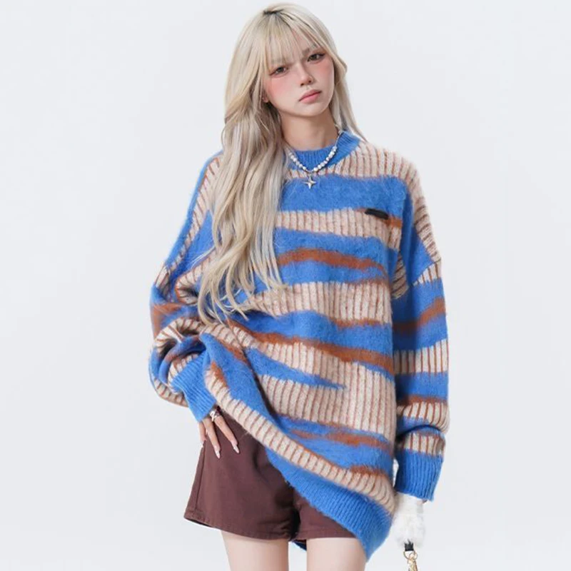 Harajuku Streetwear Oversized Stripe Sweater Women Goth Punk Long Sleeve Knitted Pullover Woman Autumn Winter Warm Jumper Mujer