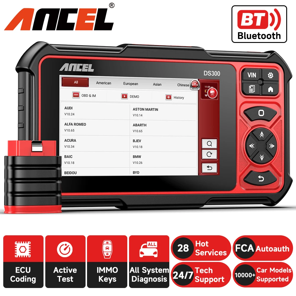 ANCEL-herramienta de diagnóstico para coche DS300, escáner automotriz OBD 2, lector de código de prueba activa, codificación de llave IMMO, reinicio 28, 2024