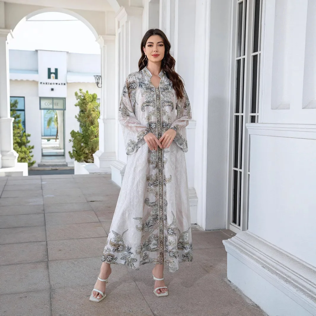 

Arab 2026 New Fashion Women's Stand Collar Long Sleeve Printed Diamond Studded Casual Trendy Luxury Elegant Dresses Female Abaya