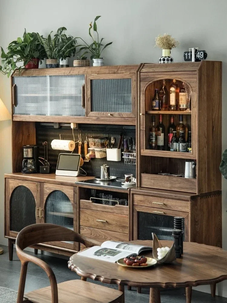 YH Black Walnut Wood Sideboard Cabinet Solid Wood Retro Nordic High Cabinet One Wall Small Apartment Restaurant High Cabinet