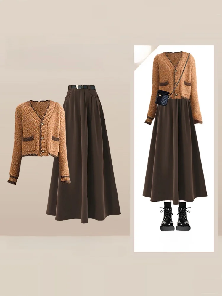 

Осенний свитер с русалкой Faion кофейного цвета, женский комплект с юбкой для колледжа, длинный свеч V-Ne, свободный крой из двух предметов...