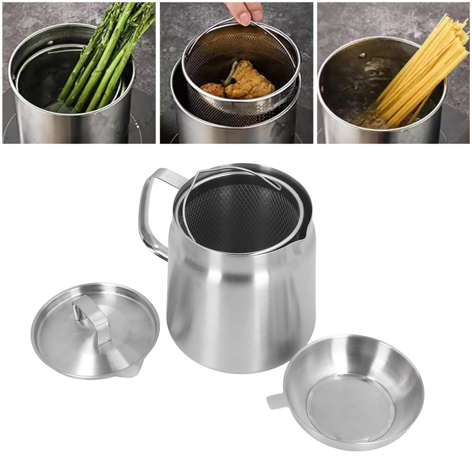 Grease Container with Mesh Strainer Oil Storage Can Large Capacity Ergonomic Handle Multifunctional with Frying Basket for Home