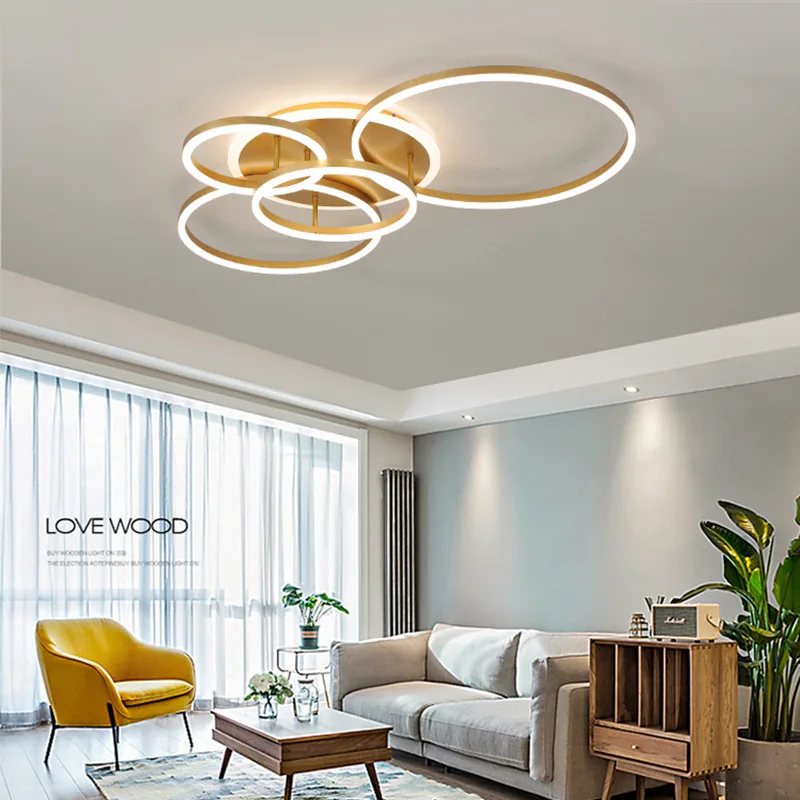 Imagem -05 - Moderno Led Anéis Lustres de Teto Iluminação para Sala Quarto Home Decor Lâmpadas Escovado Lustre Dourado Luzes do Anel