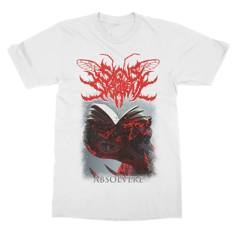 Signs of The Swarm Absolvere Dark Artwork Print T‑Shirt, Displays Spiky Red Band Logo Insect Wing Element Gory Fragmented