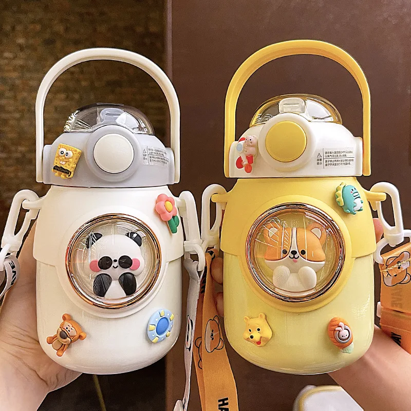 Cartoon 316 Stainless Steel Kids Tumbler,Insulated Straw Cup with Adjustable Strap & Handle, Leakproof Portable Water Bottle