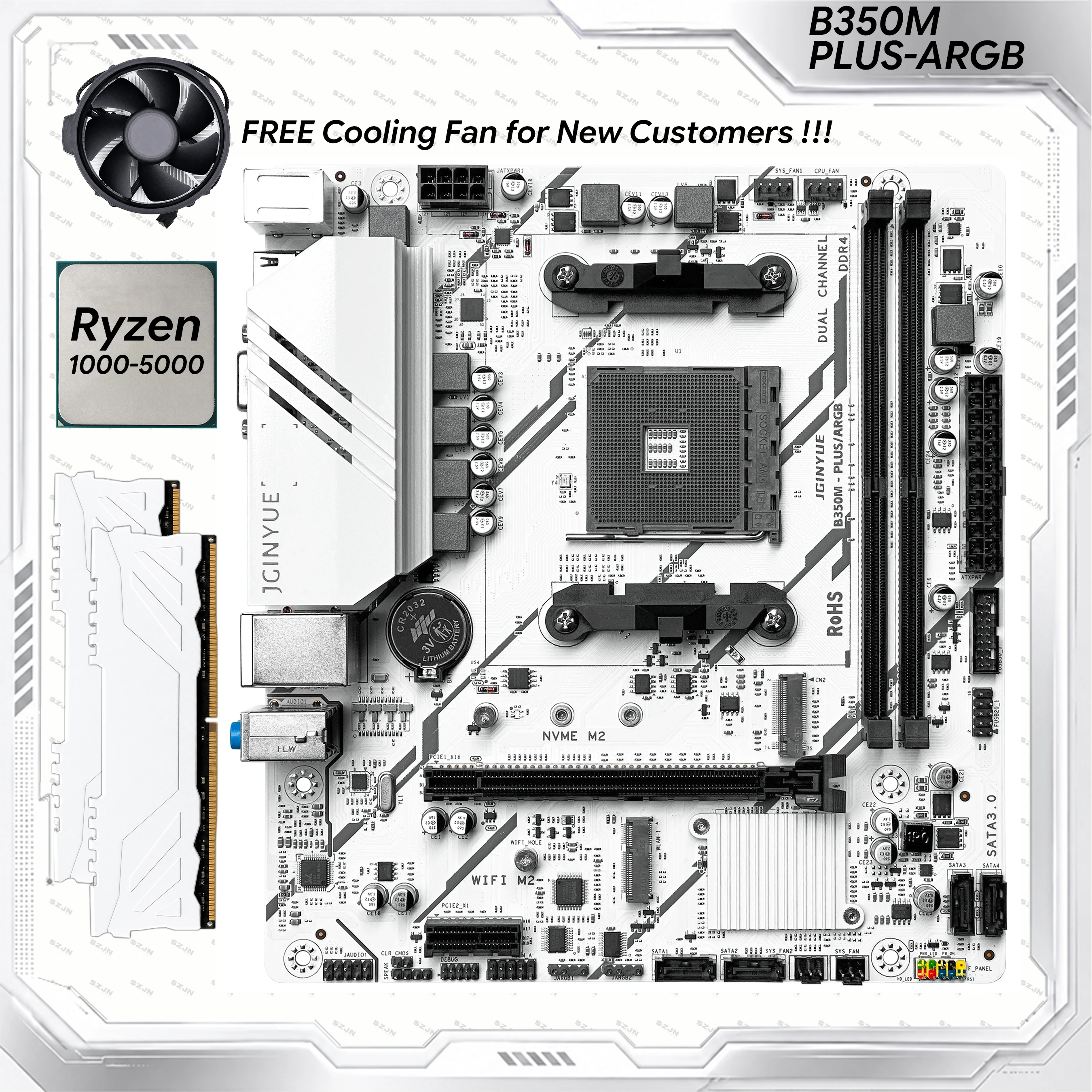 JGINYUE B350M-PLUS ARGB Motherboard-Kit AM4 Ryzen 1000-5000 5500 5600 CPU DDR4 MAX 32GB M.2 NVMe SATA3.0 PCIE Desktop DIY Combo