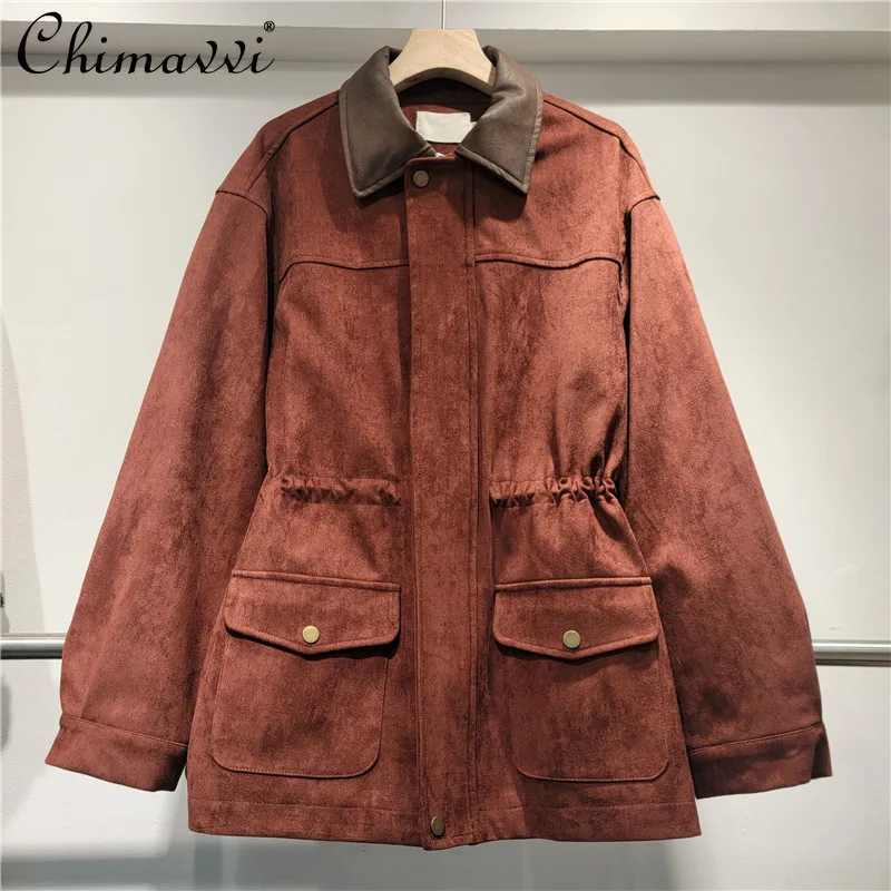 

2024 Autumn Clothes New Fashion Retro Lapel Zipper Loose Suede Jacket Women Long Sleeve Waist-Cinching Cool Trench Coat