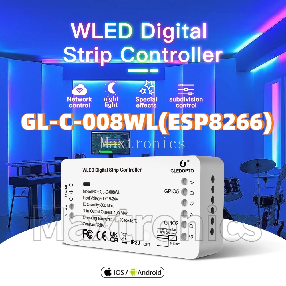 ESP32/ESP8266 WLED LED Controller 100 Dynamic Lighting Modes GL-C-008WL/009WL for WS2812B WS2811 SK6812 WS2813 WS2815 led Strip