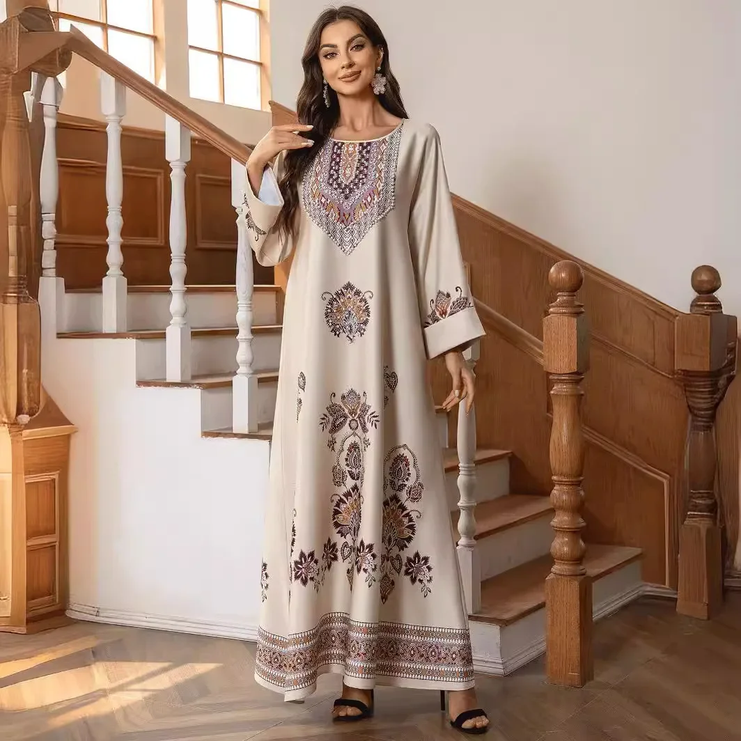 Nail Diamond Print Dress for Women Vintage Light Luxury Muslim Dress Women A-line Abaya Dubai Clothes for Muslim Women Vestidos