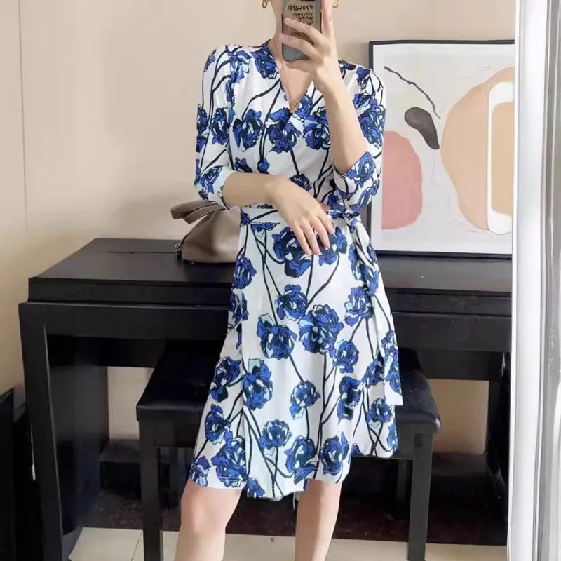 Summer slim women's, Blue new print placket short skirt three-quarter sleeve waist-tight one-piece suspender dress