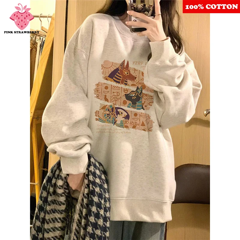 

American Retro Print Sweatshirt Women Autumn Winter 2025New high quality O-Neck Loose Casual Warm Hoodie Y2K Top Female clothing