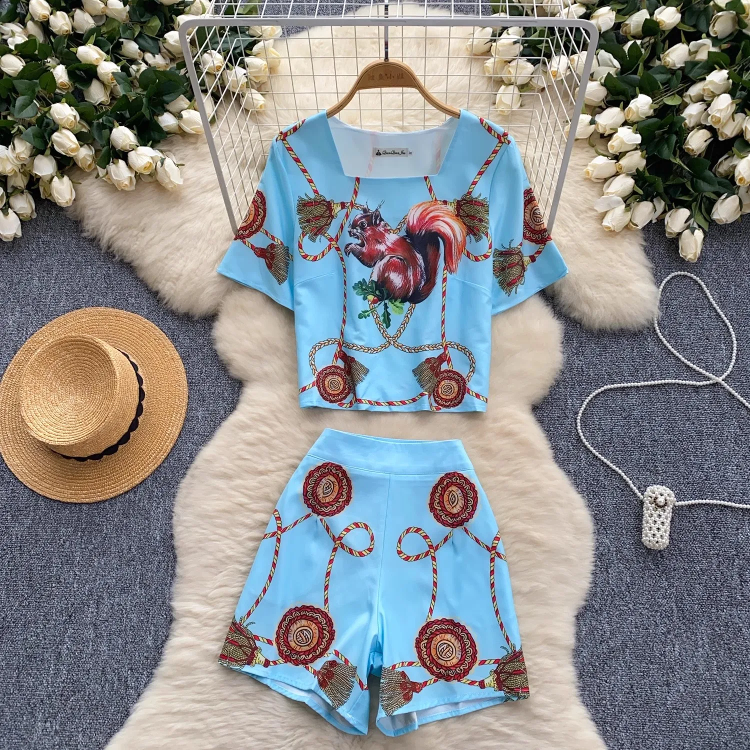 

Fashion Printed Square Collar Shirt Shorts Suit Royal Sister Temperament Print Square Collar Shirt High Waist Shorts Suit