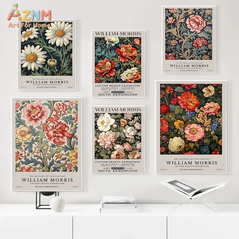 AZNM Unframed William Morris Vintage Floral Canvas Wall Art, Retro Botanical Flower Print, Classic 19th Century Cotton Prints Ex