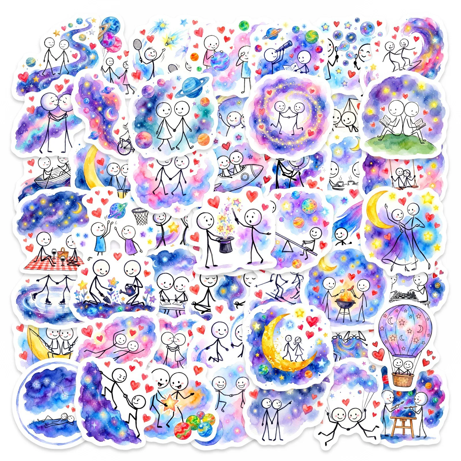 50pcs Starry Sky Watercolor Couple Sketches Stickers Scrapbook Skateboard Luggage Guitar DIY Graffiti Aesthetic Stickers