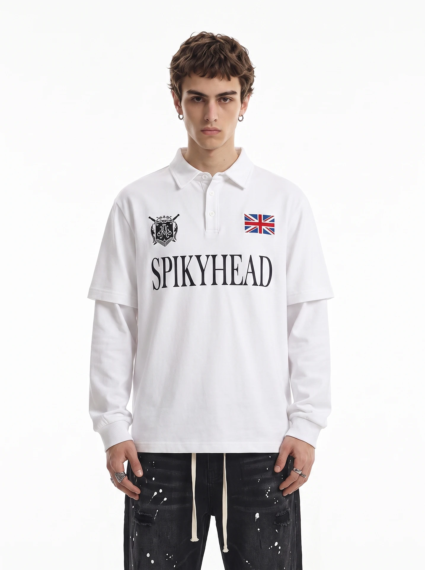 American Style Long Sleeve T-Shirt for Men Letter Emblem Print Vintage Short Wide Fake Two-Piece Top Casual Loose Fit Autumn ...