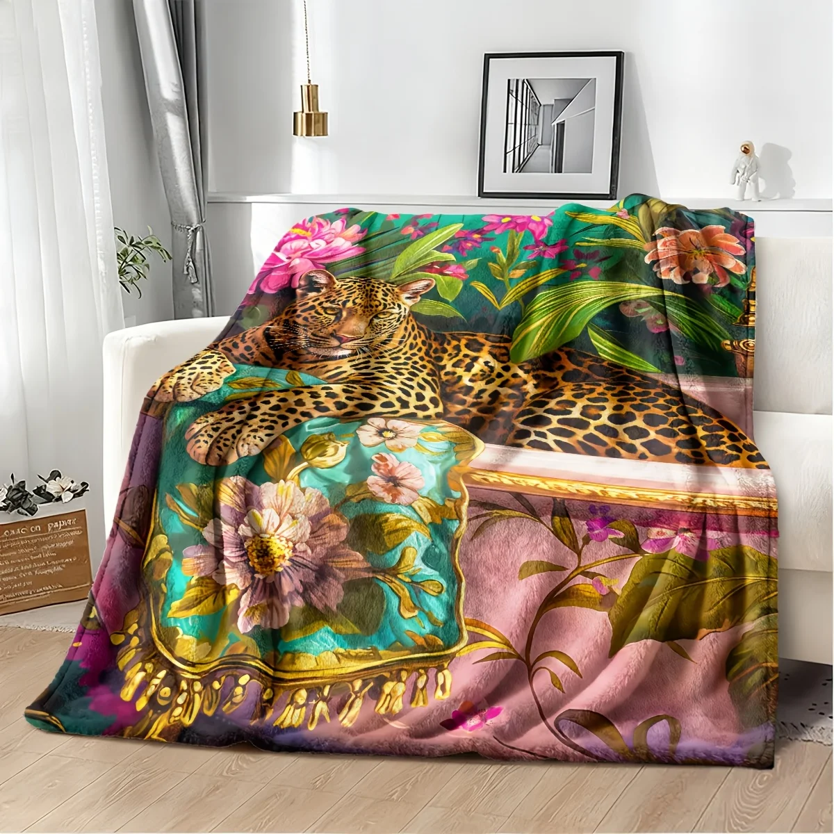 Luxurious Leopard Print Floral Tropical Jungle Throw Blanket Aesthetic Botanical Design Large Couch Decor 150x230cm