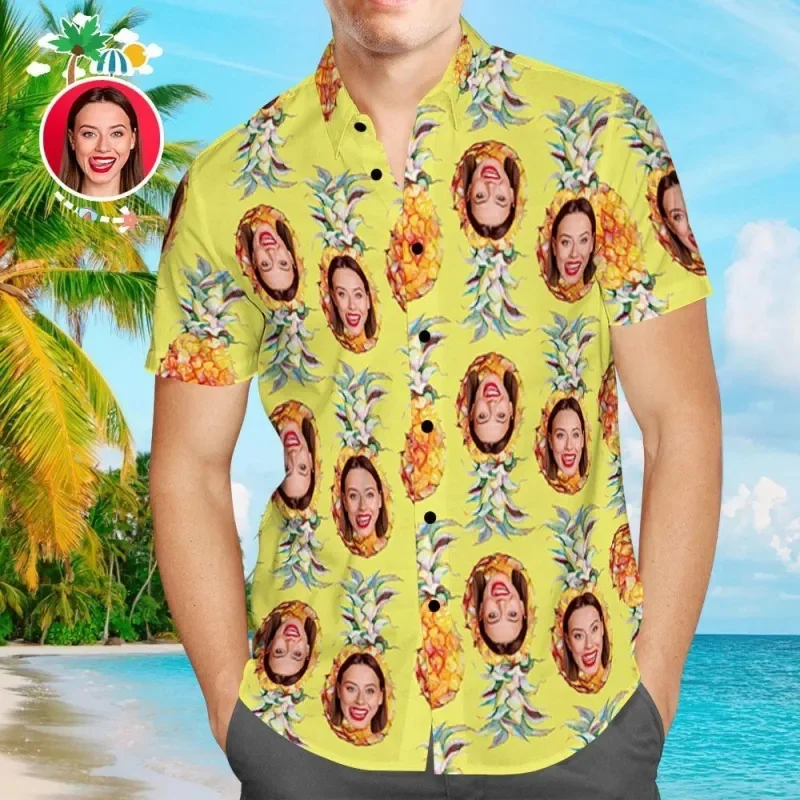 Personalized Hawaii Shirts Funny Face Diy Pineapple Custon Unisex Shirts 3D Print Beach Tops Couple Parent-children Clothes