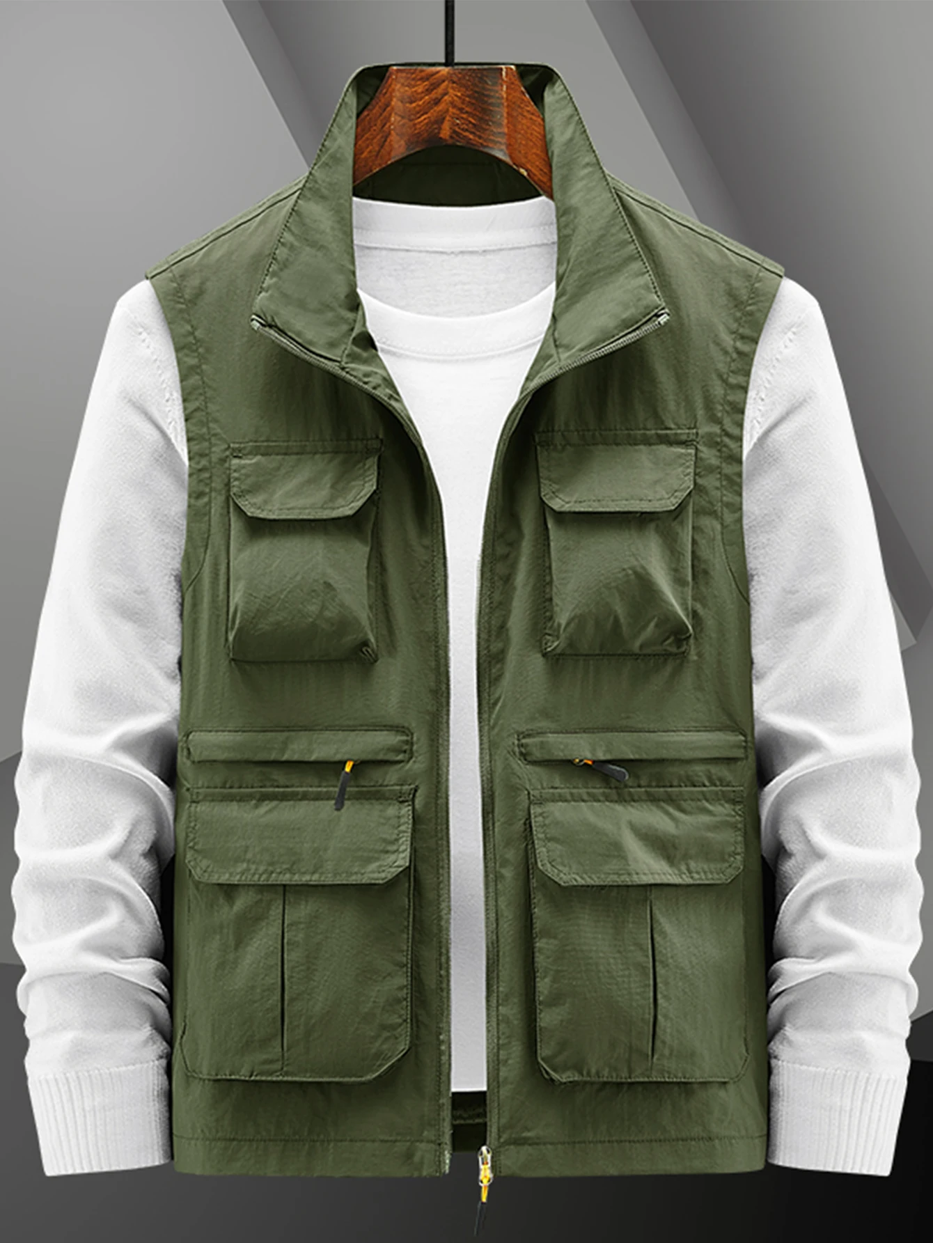 Men Army Green Multi Pocket Cargo Vest Stand Collar Zip Up Sleeveless Outdoor Fishing Casual Work Vest