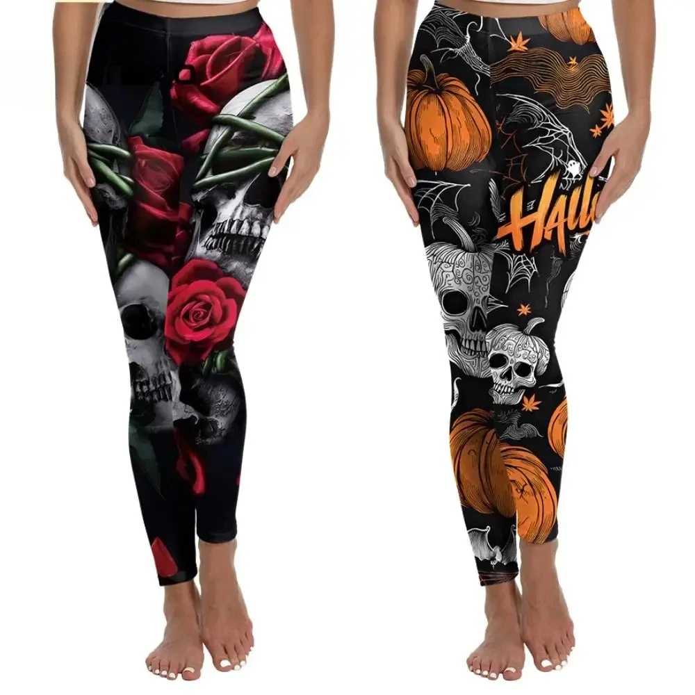 

Брюки с розовым черепом, леггинсы на Хэллоуин для женщин, вечерние брюки, брюки со средней талией с 3D принтом, сексуальные узкие колготки для тренажерного зала, фитнеса, тренировок