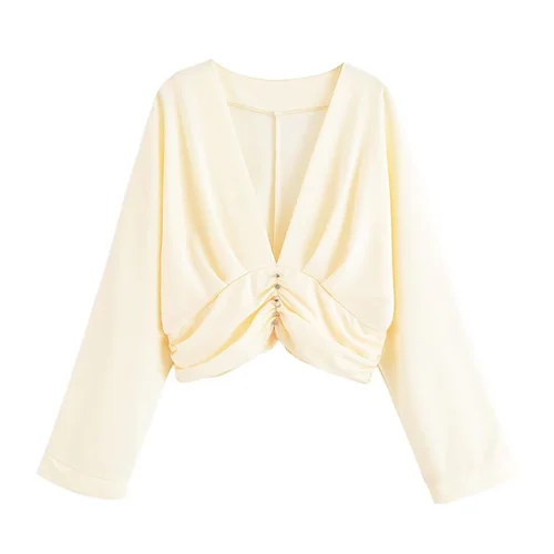 Imagen 2 del producto Otoño e Invierno nueva ropa de mujer diseño de estilo francés plisado cuello en V decoración de botones cintura cinchando top corto