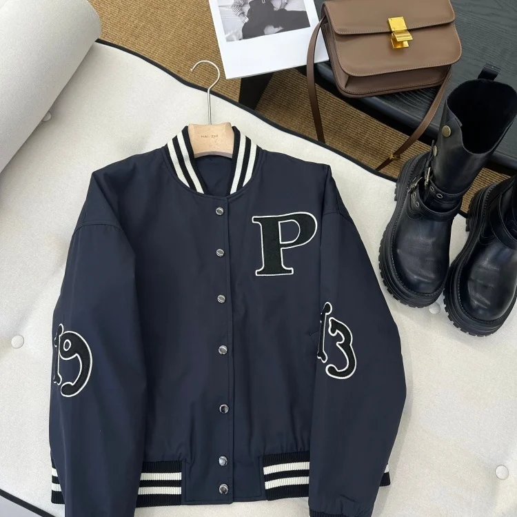 

Oscar Level Fashionable Women's Cotton Baseball Jacket P28W College Style Triangular Logo Short Outerwear Autumn 2025