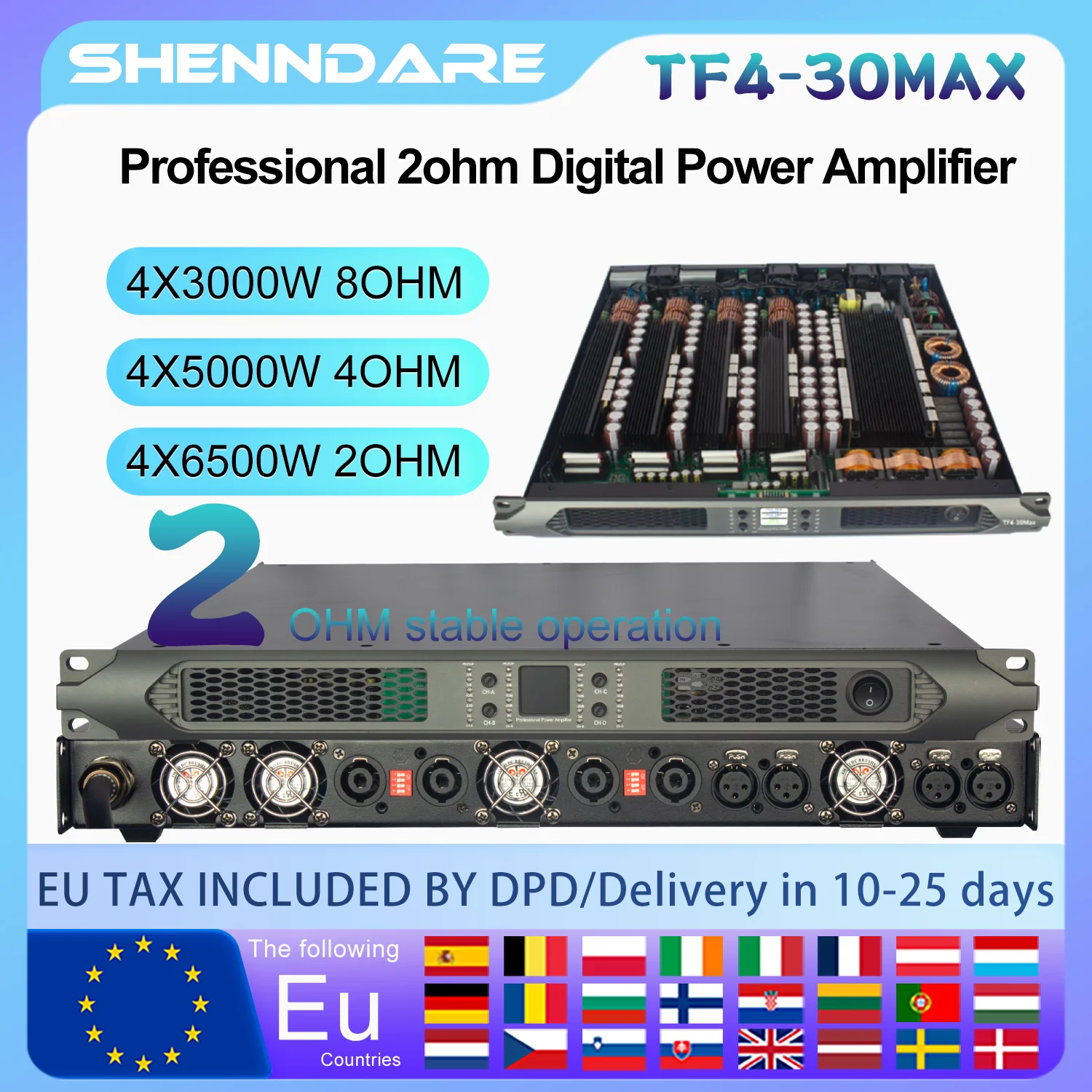 

SenMicre TF4-Max Professional 2ohm Stable Working Digital Power Amplifier 4x6500W 2OHM for Subwoofer Preamplifier 4x3000W 8OHM