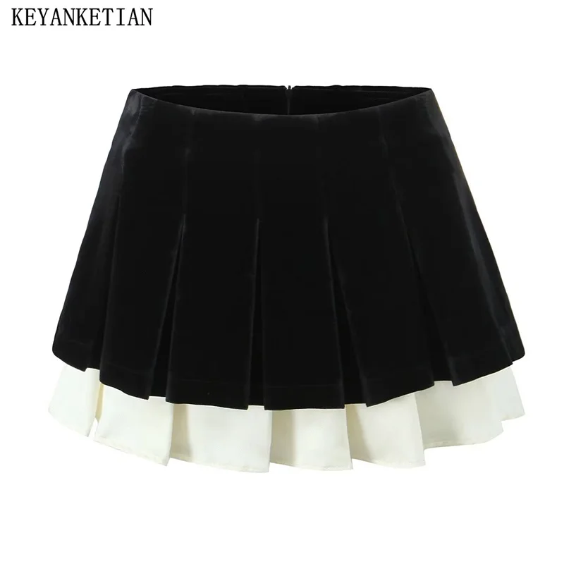 

KEYANKETIAN 2024 New Women's Velvet Mini Skirt Autumn Elegant Contrast Color Patchwork Zipper High-waisted A-line Pleated Skirt